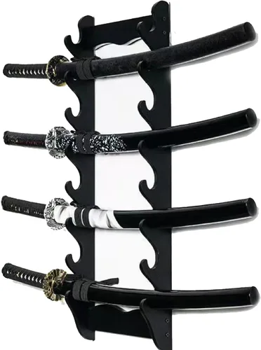 Vista 6 de Soporte de pared de espada de madera, 3 niveles Samurai Sword Display, Katana & Wakizashi Storage, Sword Flute Storage, Fishing Rod Storage