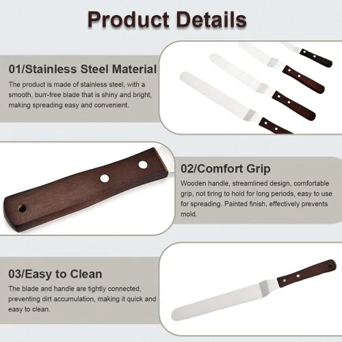 Vista 6 de Juego de 4 espátulas profesionales de acero inoxidable para decoración de tartas, hoja flexible resistente con mango de madera de 4 a 6 a 8 pulgadas
