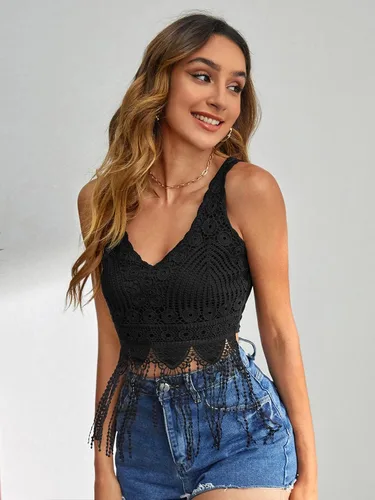 Vista 5 de Verdusa Camiseta corta sin mangas con cuello en V y encaje guipur para mujer