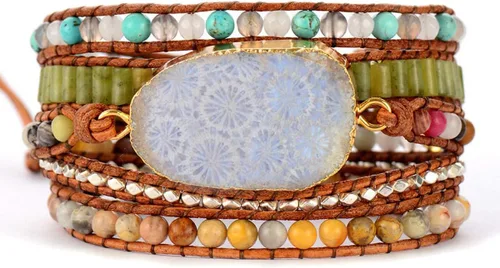 Vista 14 de ZOSOJONA - Pulseras bohemias hechas a mano de piedra natural, que dan vuelta, con cuentas de cristal de turquesa