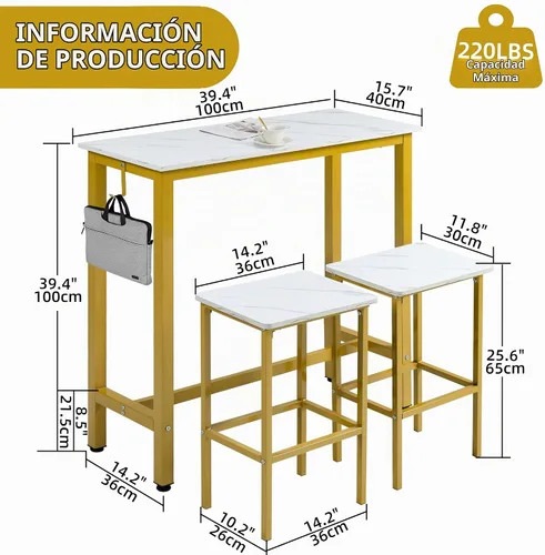 Vista 5 de Finnhomy Juego de mesa de bar, mesa de pub de 39.3 pulgadas, mesa rectangular de altura de barra, mesa de bar con taburetes, juego de mesa de cocina