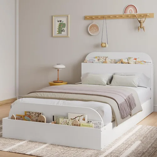 Vista 9 de Estructura de cama Garvee tamaño individual con cabecero y estribo – Cama de plataforma baja para niños, diseño de piso doble de madera, sin ruido