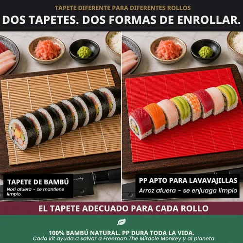 Vista 5 de Albino monkey Kit para hacer sushi con bazuca, tapete de bambú y curso
