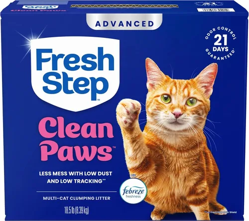 Vista 14 de Fresh Step Clean Paws Arena para gatos con frescura Febreze, Arena aglomerante avanzada para múltiples gatos con bajo seguimiento, 37 libras