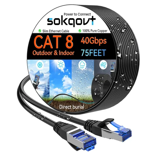 Vista 20 de Sokqovt Cable Ethernet Cat 8 Delgado 25 pies Exterior e Interior, Cable de Internet Cat8 de Cobre Puro para Impermeabilización y Enterramiento
