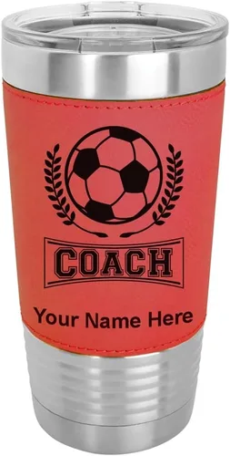 Vista 19 de LaserGram Vaso aislado al vacío de 20 onzas, entrenador de fútbol, grabado personalizado incluido (piel sintética, estilo béisbol)