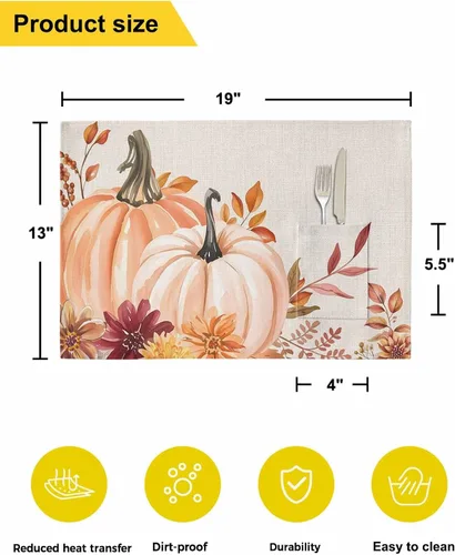 Vista 4 de Juego de 4 manteles individuales de mesa de calabaza rosa para mesa de comedor, tela de lino de algodón con bolsillo, arpillera cuadrada