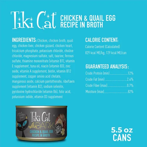 Vista 3 de Tiki Cat After Dark, huevo de pollo y codorniz, alto contenido en proteínas y 100% ingredientes no transgénicos, alimento húmedo para gatos adultos