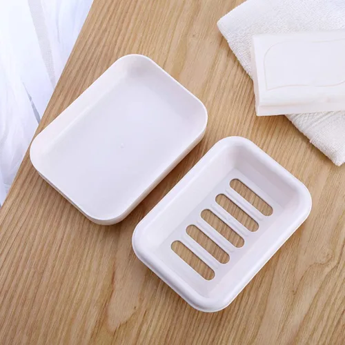 Vista 4 de Yardwe Bandeja de jabón de plástico con tapa transparente, soporte para jabón de drenaje para baño y cocina (beige blanco)