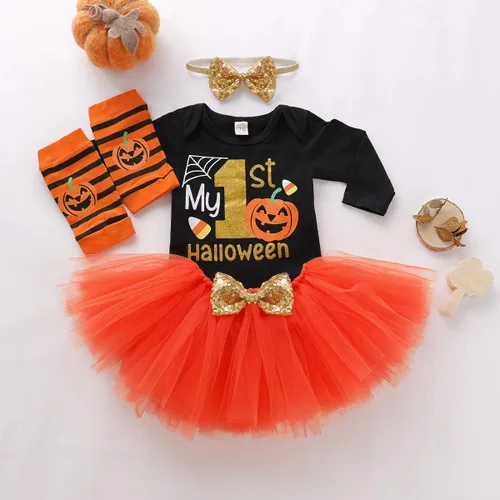 Vista 2 de Disfraz de Acción de Gracias para bebé niña, disfraz de calabaza para Halloween, falda tutú, calentador de piernas estriado + diadema