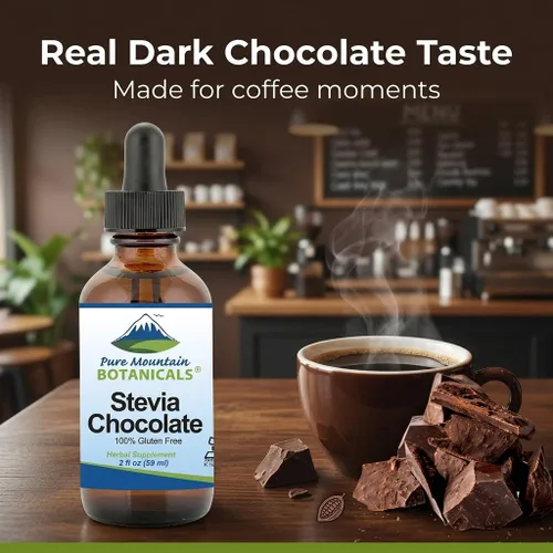 Vista 3 de Gotas líquidas de estevia de chocolate saborizadas con chocolate negro dulce natural, sin alcohol y kosher, botella de vidrio de 2 onzas