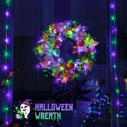 Vista 5 de JMEXSUSS 4 unidades de luces de hadas LED de 50 luces en púrpura y verde, luces de cadena de hadas operadas con batería, luces de 16 pies