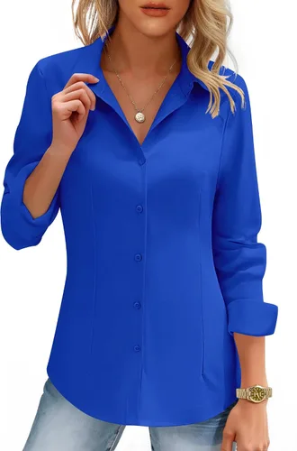 Vista 7 de HOTOUCH Camisas de mujer con botones de manga larga, camisa de vestir ajustada, blusas de trabajo, cuello, elegantes, casuales, de negocios