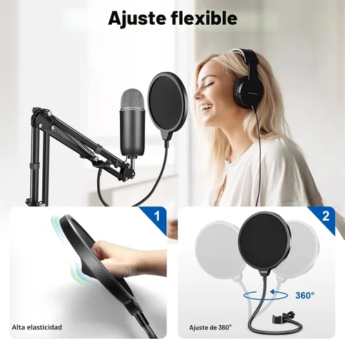 Vista 5 de Filtro pop profesional para micrófono, máscara protectora para Blue Yeti y cualquier otro micrófono, pantalla pop de viento de doble capa con clip