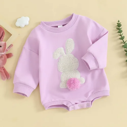 Vista 3 de FOCUSNORM Ropa de Pascua para bebé recién nacida, con bordado de conejo, sudadera con burbujas, traje de bebé niña