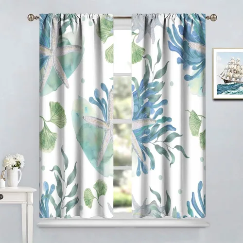 Vista 13 de Cortinas de decoración de playa con océano azul, peces náuticos costeros playeros de verano, conchas marinas, temática infantil, dormitorio, sala
