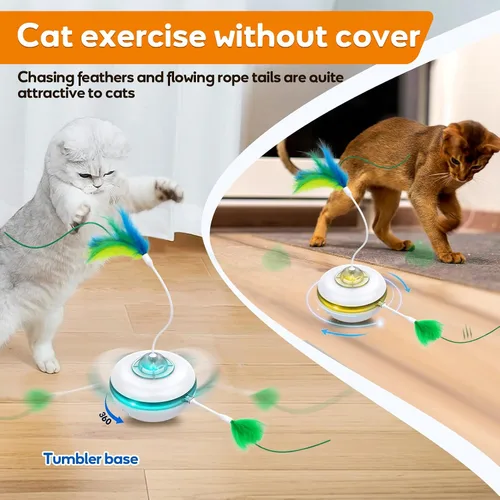 Vista 7 de Giociv Juguetes interactivos para gatos de interior, juguetes de ejercicio giratorio con base de plumas, modo de activación táctil, cubierta