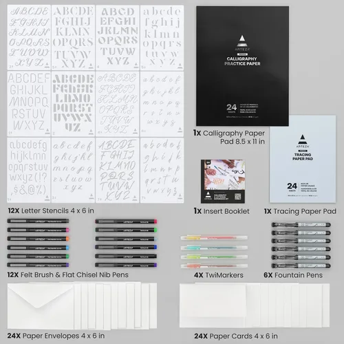 Vista 2 de ARTEZA Kit de caligrafía y letras – Juego para principiantes con marcadores de alcohol, bolígrafos de pincel, papel y herramientas para letras a