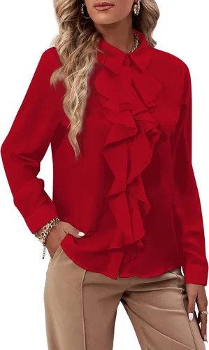 Vista 10 de LYANER - Blusa de manga larga con cuello de botón y volantes en la parte delantera para mujer