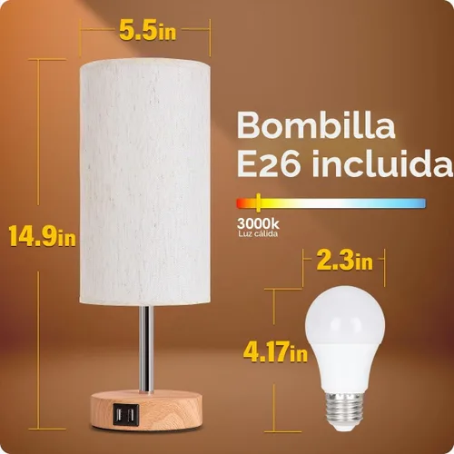 Vista 6 de Yarra-Decor Lámparas de noche con puerto USB, lámpara de mesa con control táctil para dormitorio, de madera, de 3 vías, regulable, juego de 2