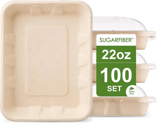 Vista 10 de 100 unidades Harvest Pack 22 oz Bandejas de comida compostables, 21.56 cm x 16.38 cm x 3.3 cm Contenedor de comida desechable LIBRE de PFAS, platos