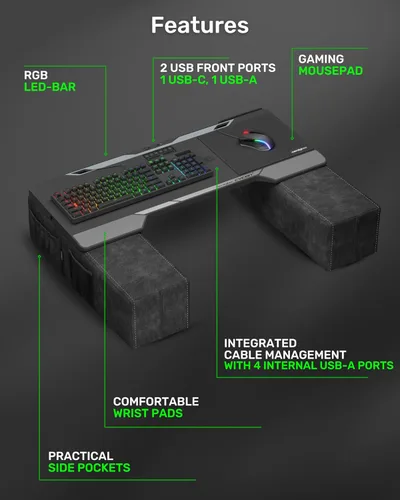 Vista 3 de Couchmaster CYCON³ HORIZONLIGHT Bar, escritorio ergonómico definitivo con concentrador USB para juegos en sofá y cama, grande, estable y compatible