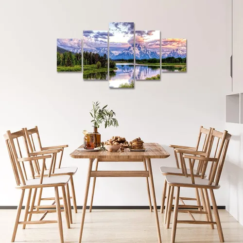 Vista 4 de SKASNFAI 5 piezas de paisaje del parque nacional Grand Teton, arte de pared, pinturas en lienzo de montaña, paisajes naturales, cuadros enmarcados