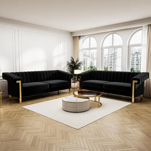 Vista 5 de Sofás de terciopelo de 83 pulgadas para sala de estar, cómodos sofás tapizados de 3 plazas para apartamento moderno para espacios pequeños (negro)