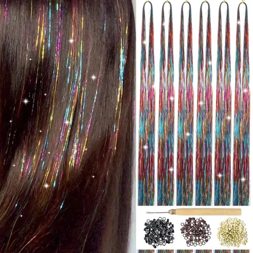 Vista 8 de Kit de Oropel para Cabello con Herramientas Extensiones de Cabello de Oropel Negro 6 Piezas 1200 Hebras Kit de Oropel para Cabello de Hadas