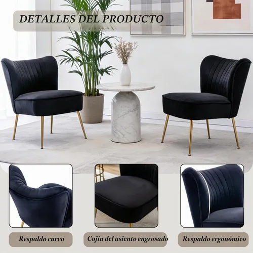 Vista 4 de Juego de 2 sillas decorativas de terciopelo, cómodas sillas de sala de estar, sin brazos, sofá individual lateral de mediados de siglo con patas