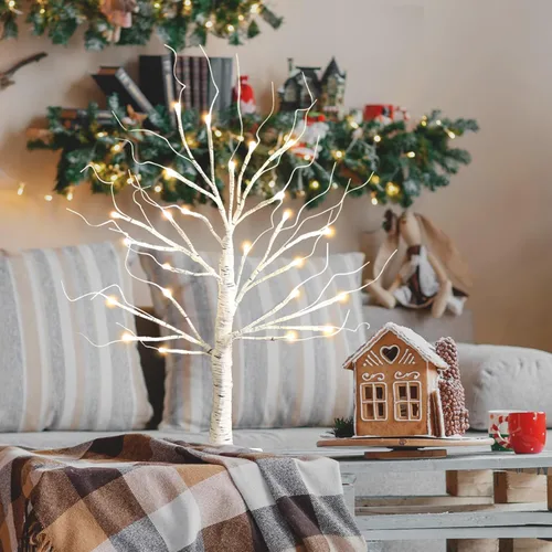 Vista 5 de Árbol de abedul blanco con luces LED, árbol de abedul iluminado para mesa, funciona con 24 luces LED USB o pilas, árbol blanco cálido, mini