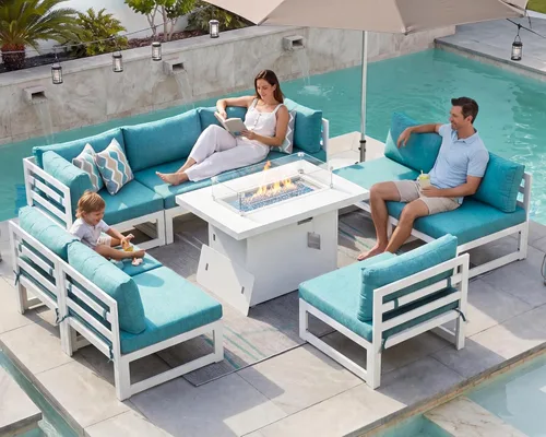 Vista 31 de BULEXYARD - Sofá modular de aluminio para exteriores con mesa para fogata, 7 piezas, color verde azulado