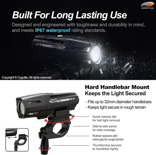 Vista 7 de Cygolite Metro Series Bike Lights, USB Rechargeable, Secure Hard Mount, Night & Daytime Modes, Compact, Durable, IP67 Waterproof; Road, Mountain