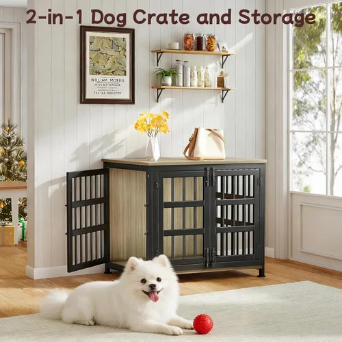 Vista 6 de Jaula para perros de 26 pulgadas, jaulas para perros de razas grandes, jaulas para perros interiores de madera, mesa auxiliar, jaula combinada