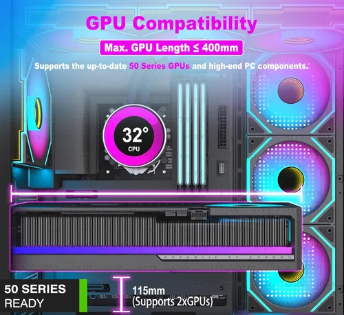 Vista 10 de H1 HYXN - Funda para PC, 7 ventiladores Infinity Mirror PWM ARGB preinstalados, carcasa de computadora ATX Mid Tower, funda de PC