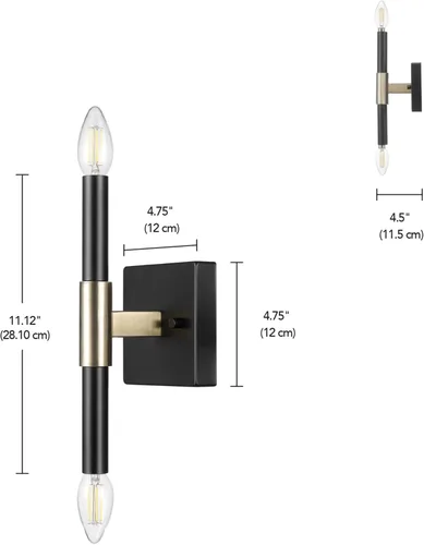 Vista 8 de GLOBE Electric 65000044 Aplique de pared de 2 luces, negro mate, acento de latón antiguo, zócalos de base E12, luces para sala de estar, decoración