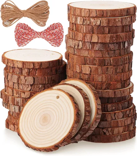 Vista 9 de Fuyit Juego de 30 rodajas de madera de 2.0 a 2.4 pulgadas, sin acabar, con agujero, círculos de madera para artes y manualidades, adornos