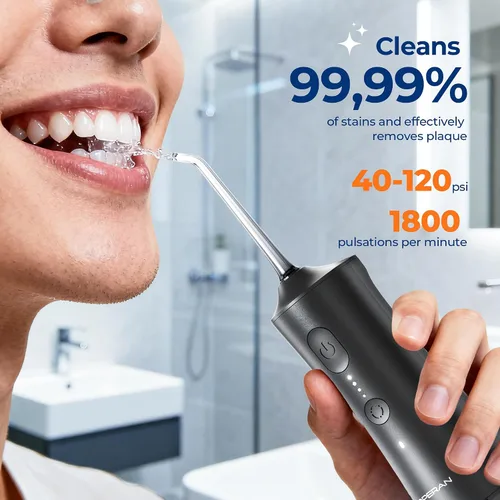 Vista 2 de Operan Irrigador dental de agua inalámbrico de 10.1 fl oz, irrigador dental portátil para dientes, 4 modos de pulso, IPX7, irrigador oral