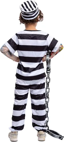 Vista 3 de Disfraz de prisionero de Halloween con manga de tatuaje y esposas de juguete para niños