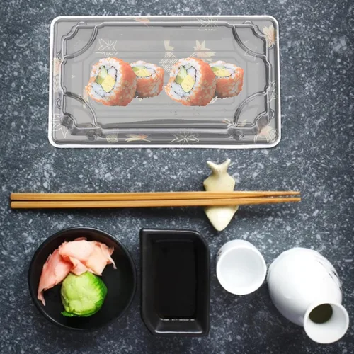Vista 7 de Yardwe Caja de sushi desechable con tapa, 100 recipientes para sushi, frutas, postres, pasteles, cajas de almacenamiento de alimentos negras