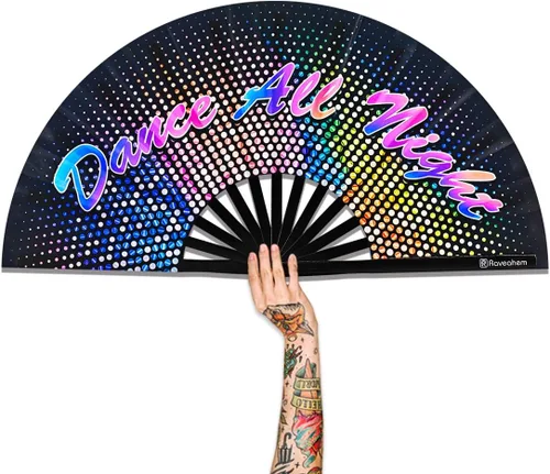 Vista 7 de Abanico Plegable Grande, Abanico Rave Clack de 13 Pulgadas, Abanico de Mano para Mujeres y Hombres con Tela de Satén Premium, Marco de Bambú Grueso