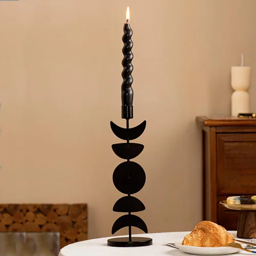 Vista 8 de Portavelas cónico de hierro, negro mate, portavelas alto con estrella y luna, soporte decorativo para velas para bodas, mesas de comedor, fiestas