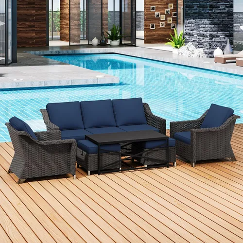 Vista 102 de Sofá de lujo para patio al aire libre de 3 plazas con mimbre de PE tejido a mano Azul