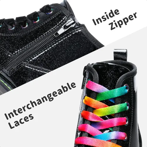 Vista 4 de DREAM PAIRS Botas de tobillo con purpurina para niñas y niños, zapatos de combate con cremallera lateral con cordones (bebéniño pequeñoniño grande)