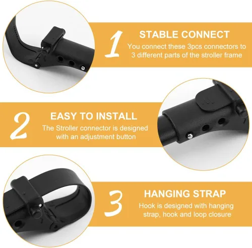 Vista 6 de Conector de cochecito de 3 piezas con 2 ganchos para cochecito, conector para niños pequeños, longitud ajustable de liberación rápida con gancho