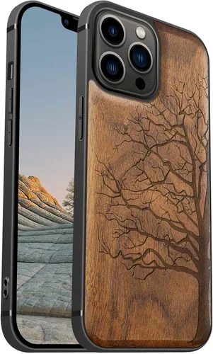 Vista 24 de Carveit Funda magnética de madera para iPhone 13 [madera real dura y TPU suave] Funda protectora híbrida de madera única y elegante a prueba