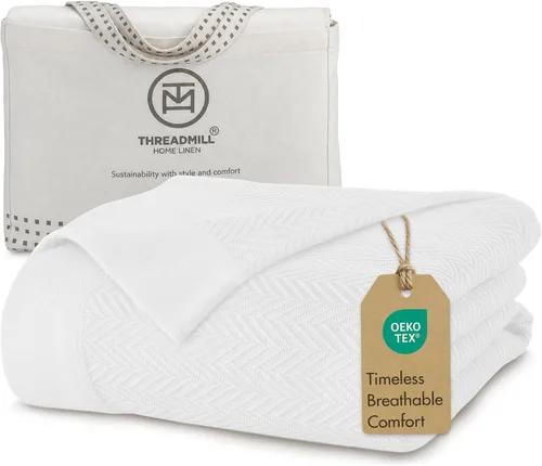 Vista 13 de Threadmill - Mantas de algodón de lujo para cama tamaño individual Manta 100% algodón para todas las estaciones para cama individual Manta Beige