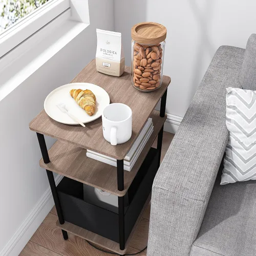 Vista 5 de Mesa auxiliar pequeña con estación de carga, mesa auxiliar para espacios pequeños, mesita de noche delgada con tomacorriente, sofá junto a la mesa