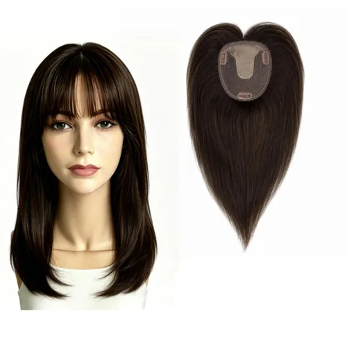 Vista 11 de Peluca de cabello humano para mujer con flequillo, peluca con clip para cabello fino + base de cuero cabelludo de poliuretano de alta densidad