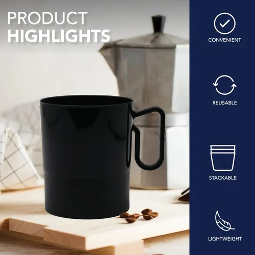 Vista 4 de Party Essentials Taza de café de plástico duro de 8 onzas con asa, 20 unidades, color negro bistró